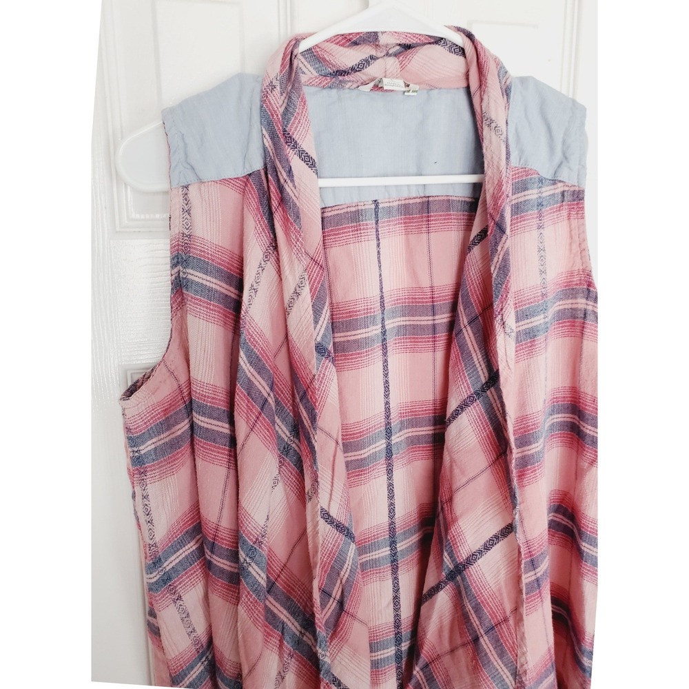 Boho Plaid Vest Festival Pink Blue Drape Front Sleeveless Cotton Layering L
